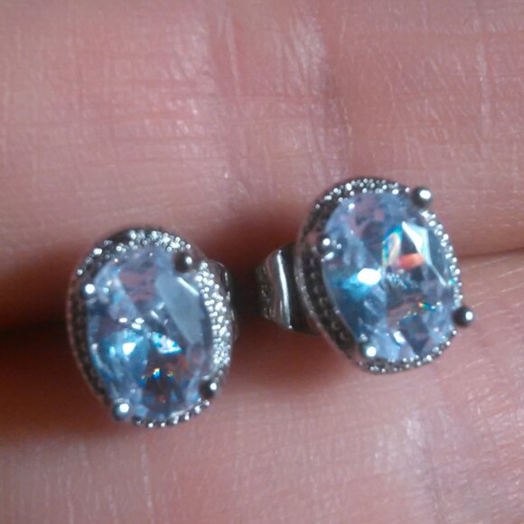 Simulated Blue and White Diamond Silvertone Brass Stud Earrings - Picture 11 of 13